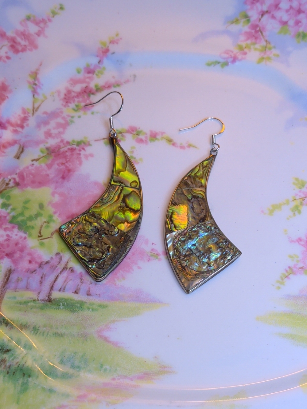 Iridescent Abalone Shell Mexico Alpaca Dangle Vintage Earrings New Silver Hooks
